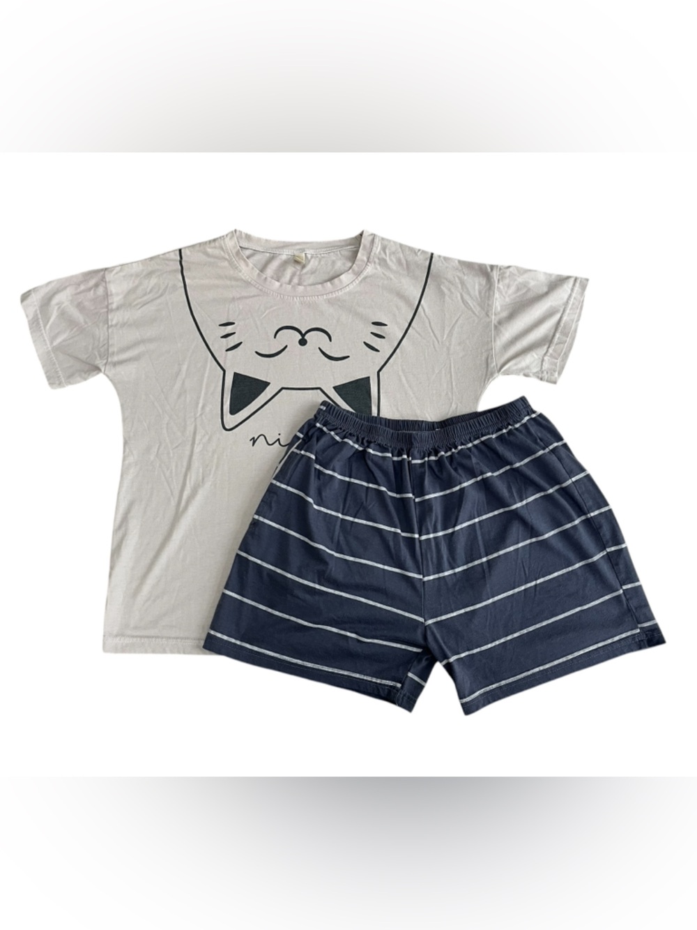 Grey Tee and Blue Striped Shorts Pajama Set with Cat Theme, Size Youth XL